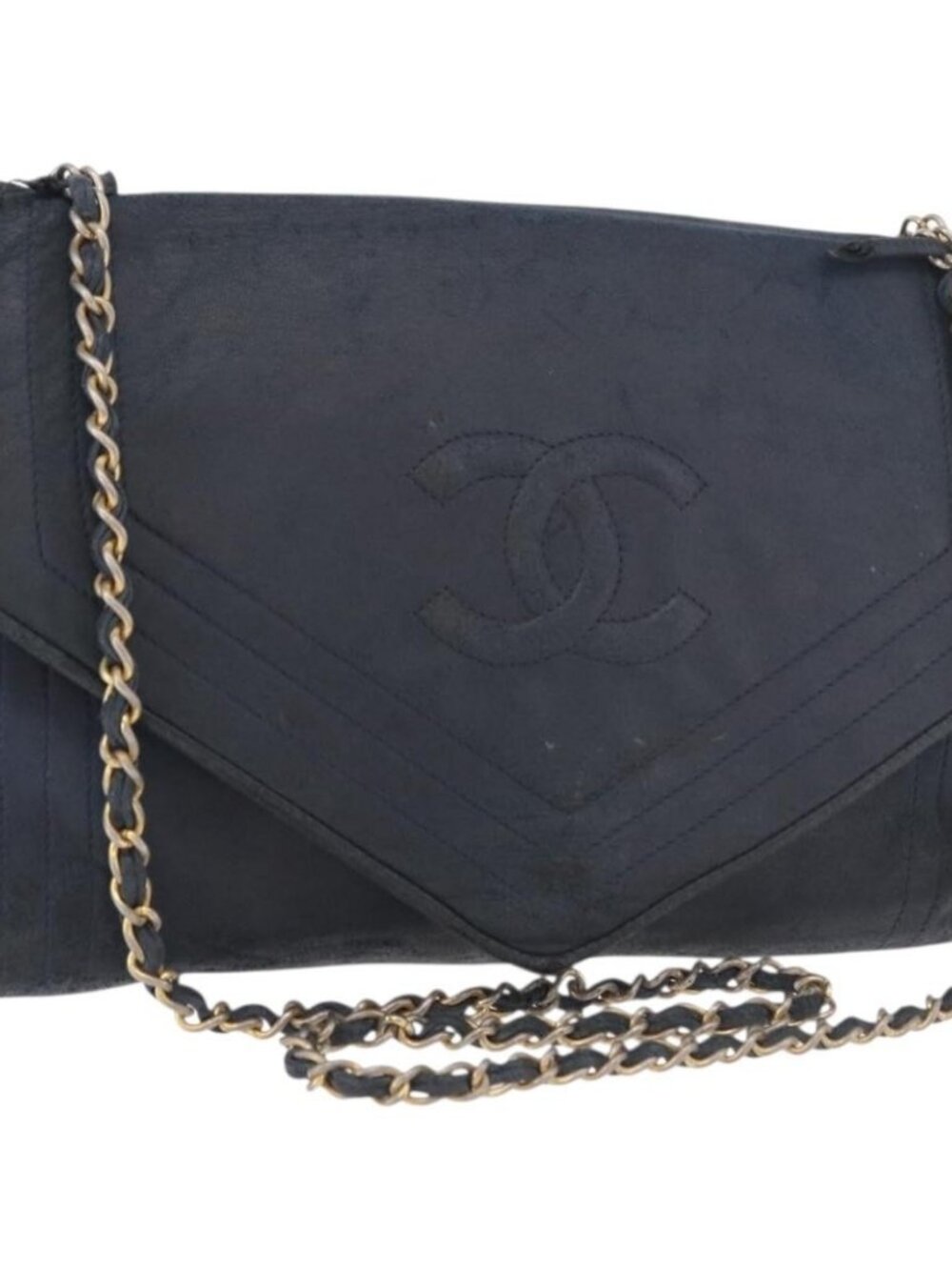 CHANEL Chain Shoulder Bag Leather Navy Gold CC Auth 189076